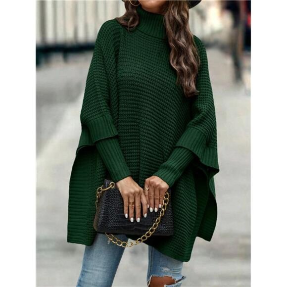 Turtleneck Batwing Sleeve Poncho Sweater,Long Sleeve Tops Knit Pullover Fall - Picture 1 of 8